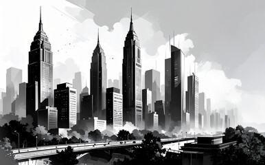 Animated Black and White Panorama City with Skyscrapers and Cars on Highway.