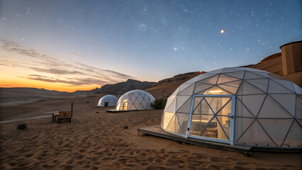 Modern igloo tents designed for luxury desert camping. set against a twilight sky filled with stars.Geodesic domes