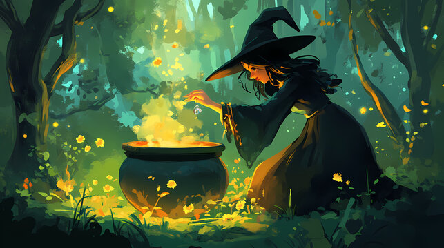 Illustration postcard happy halloween witch brews an elixir in a cauldron in the forest. Dream Boiler. Illustration