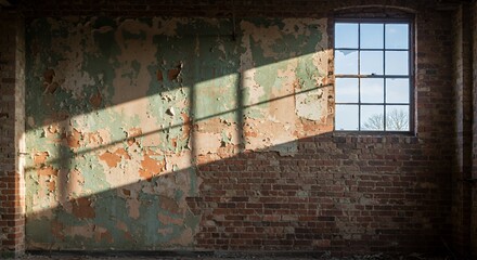 Dilapidated Factory Interior with Peeling Green and Orange Paint Weathered Red Brick Wall Sunlight Streaming Through Gridded Window Depicting Industrial Decay Atmospheric and Vintage