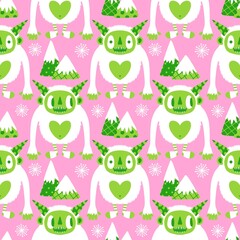 Winter monsters seamless Christmas yeti pattern for wrapping paper and fabrics