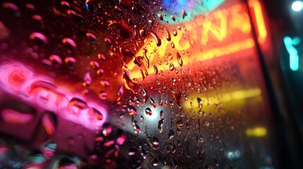 Rain droplets on glass. Night city neon signs in background