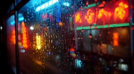 Rain droplets on glass. Night city neon signs in background
