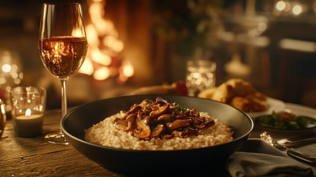 Hearty mushroom risotto, perfect for a cozy night in by the fireplace.  A glass of wine completes the scene