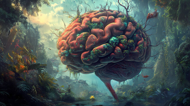 A surrealistic interpretation of the human brain as a cosmic garden, with neural pathways branching out like tendrils of ivy amidst a lush landscape of consciousness. Neural Garden. Illustration
