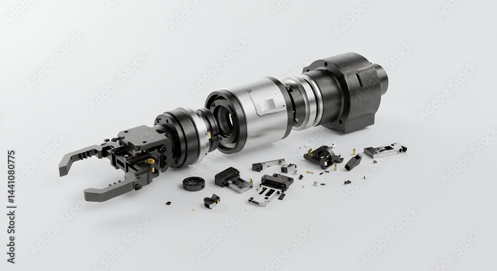 Poster disassembled broken robotic arm end effector on white background symbolizing automation failure in a