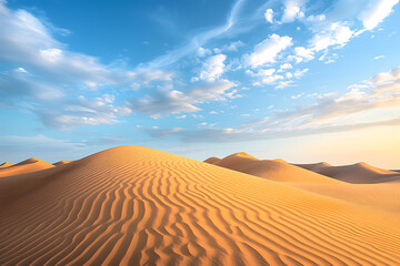 Wide view of golden sand dunes under bright blue sky with wispy clouds