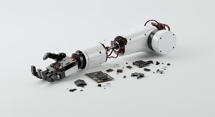 Disassembled Robotic Arm with Exposed Wires on White Screen Background Illustrating Technology Failure Damage and Repair