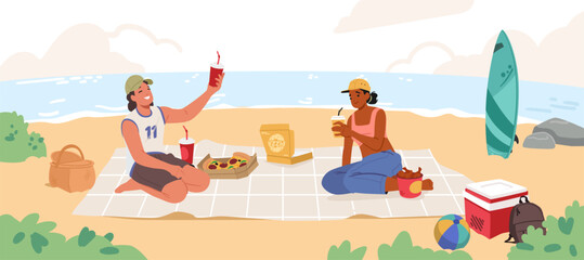 Happy man and woman friends cartoon characters enjoying picnic with meal and drinks rest at seashore