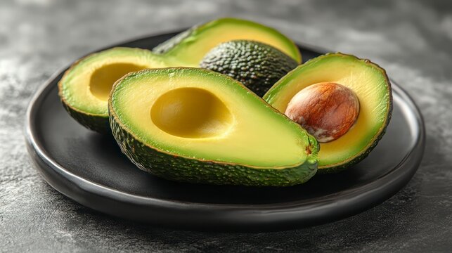 Fresh Halved Avocados on a Dark Plate Healthy Food Photography Culinary Ingredient Nutritiou