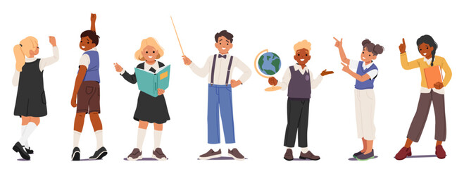 School children cartoon character wearing uniform with education accessories and stationery set