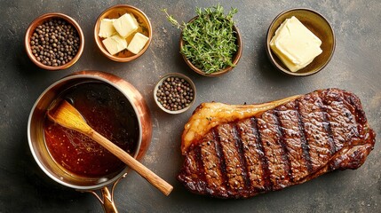 Whiskey steak sauce in copper pan with wooden spoon presented with perfectly seared steak and ingredient bowls arranged in bird's eye view for restaurant presentation
