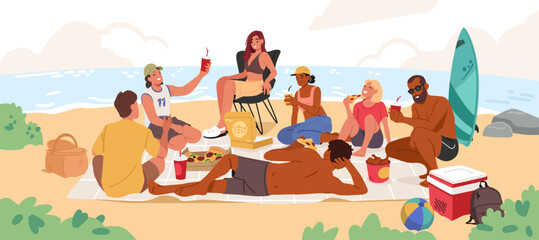 Fototapeta na wymiar Happy friends at picnic on seashore eating food and dinking soda on summer vacation cartoon scene