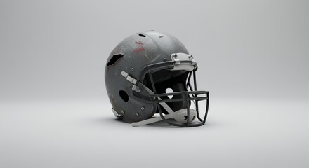 Fototapeta premium Disconnected Tattered Football Helmet Straps Undone in Clinical White Space Representing Past Action Damage and Wear