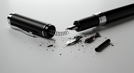 Dismembered Black Pen with Innards Scattered on White Background Depicting Creative Block Writer's Despair Isolated on Clean Backdrop Perfect for Creative Concept