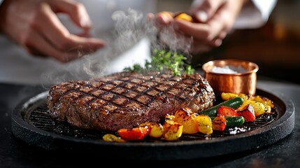 Sizzling steak platter with perfect diamond grill marks and visible steam rising from juicy beef served with grilled colorful vegetables