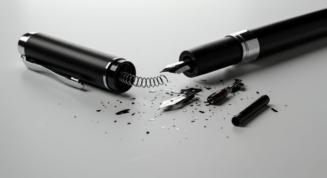 Dismembered Black Pen with Innards Scattered on White Background Depicting Creative Block Writer's Despair Isolated on Clean Backdrop Perfect for Creative Concept