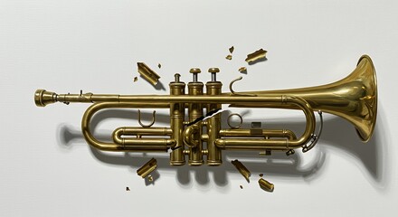 Obraz premium Dismembered Golden Brass Trumpet Isolated on a White Studio Backdrop Displaying Extensive Damage and Texture Details Symbolizing The Silence Of A Forgotten Fanfare Cry