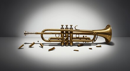 Obraz premium Dismembered Golden Brass Trumpet Lying Against a Bright White Backdrop Representing Silence and Damage with Metallic Texture Perfect for Isolated Studio Ads Promotion