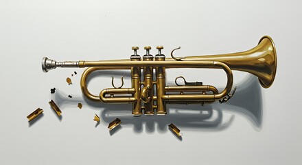 Obraz premium Dismembered Golden Trumpet Lying Against Bright White Backdrop Representing The Silence of a Forgotten Fanfare Isolated on Clean White Screen