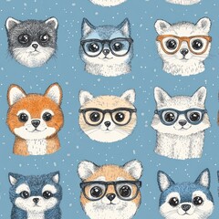 Fototapeta premium Cute animals wearing glasses, seamless pattern, blue background, fabric design
