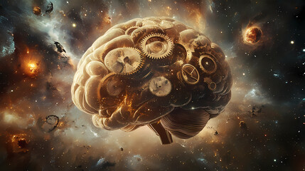 A surrealistic portrayal of the human brain as a cosmic clock, with gears of thought turning amidst a backdrop of swirling galaxies and stellar phenomena. Astral Gear. Illustration
