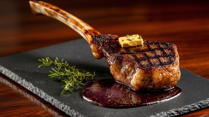 Tomahawk steak presentation featuring perfectly seared meat with distinctive cross-hatched grill marks, melting herb butter, fresh rosemary and red wine reduction on elegant slate serving plate