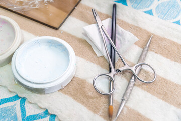 Set of dental tools use for dentist and technical, flat lay, top view.
