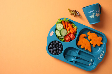 Fun dinosaur divided plate with healthy kid's lunch. Flat lay, top view
