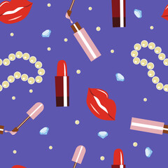 Seamless pattern - personal hygiene items and decorations on blue background for wallpaper, fabric, wrapping paper and more.
