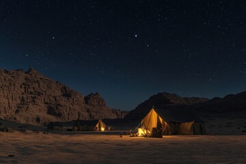 Desert Camp with Traditional Berber Tents and Firelight Under Starry Night