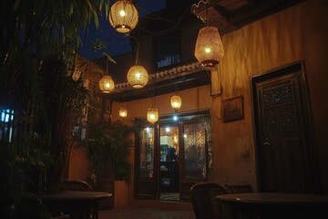 Glowing Brass Lanterns in a Vibrant Marrakesh Medina Shop at Night
