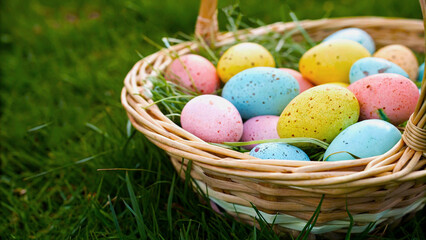 Fototapeta premium A wicker basket filled with pastel easter eggs sitting in the grass under flowering tree branches