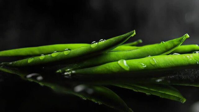 Fresh green beans with water droplets on a reflective surface
