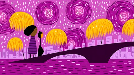 Obraz premium Woman and child on bridge, city skyline, stylized purple night sky, whimsical trees