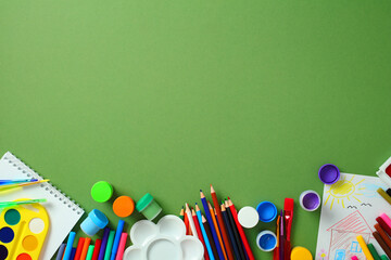 Kids art supplies flat lay on green background with copy space