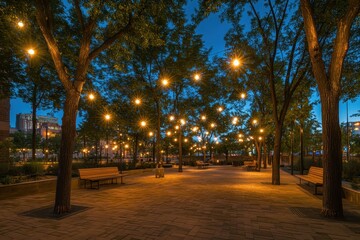 Fototapeta premium an outdoor space within the city center, with trees and street lights that create an urban oasis, serving as part of social events or corporate gatherings Generative AI