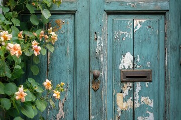 Rustic Blue Sicilian Door with Ceramic Address Plate and Blooming Plant