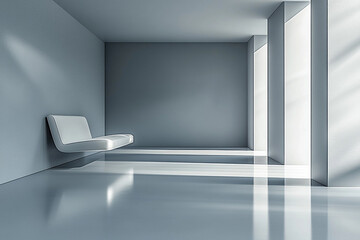 Minimalist empty room with clean lines, gray walls, and a single modern white chair.