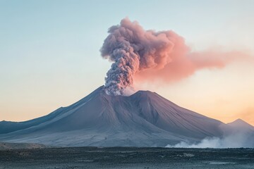 Smoking Licancabur Volcano at Dawn with Pink Light over Barren Landscape
