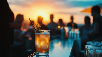 Refreshing cocktail at sunset bar, summer drink with blurred people background and beautiful colors - Powered by Adobe