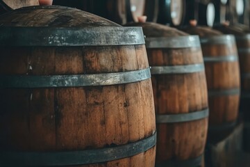 Fototapeta premium Rustic Chilean Winery Interior with Stacked Wooden Wine Barrels in Moody Light
