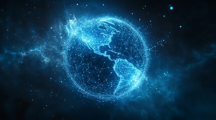 Obraz premium Digital representation of Earth as a glowing blue network sphere against a dark background
