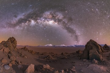 Milky Way arch glowing over rocky Atacama Desert night landscape