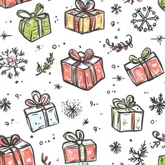 Festive gifts, winter doodles, seamless pattern, holiday background, wrapping paper