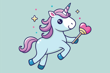 Naklejka premium Cute vector illustration of a unicorn with a colorful mane and a magic wand set against a light blue background, perfect for children's parties and playful designs