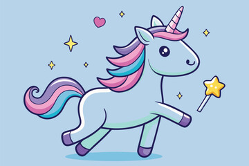 Cute vector illustration of a unicorn with a colorful mane and a magic wand set against a light blue background, perfect for children's parties and playful designs