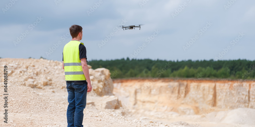Fototapete A person in a high-visibility vest operates a drone at an open quarry site with forest in the background. Concept: Technology and surveying in natural environments