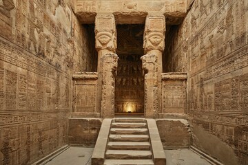 Qena, Egypt - December 27 2023: Interior of the Temple of Hathor in Dendera Temple complex, one of the best-preserved temple