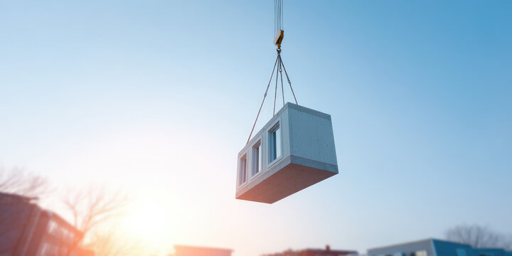 A modular building section is suspended by a crane above a construction site. Prefabrication, construction, innovation, technology